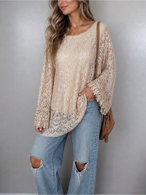 Shabby Chic Feminine Semi Sheer Tan Lace Long Ruffled Sleeve Sz M Boho Tunic Top